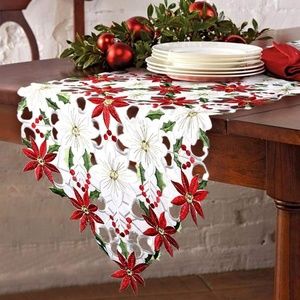 Christmas Embroidered Poinsett Table Runner